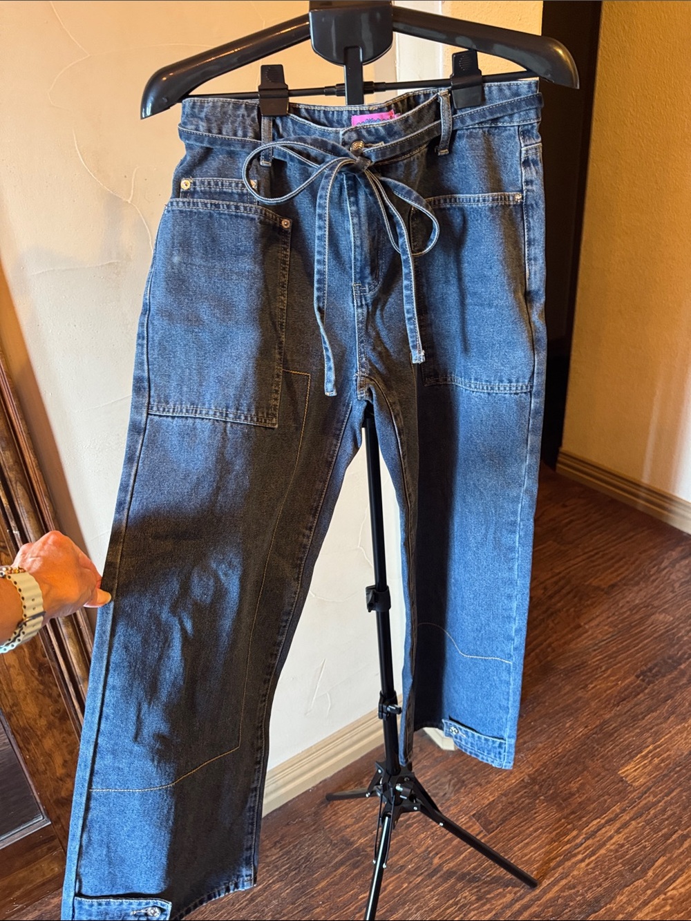 Edikted Dark Blue Straight-Leg Tie-Waist Jeans